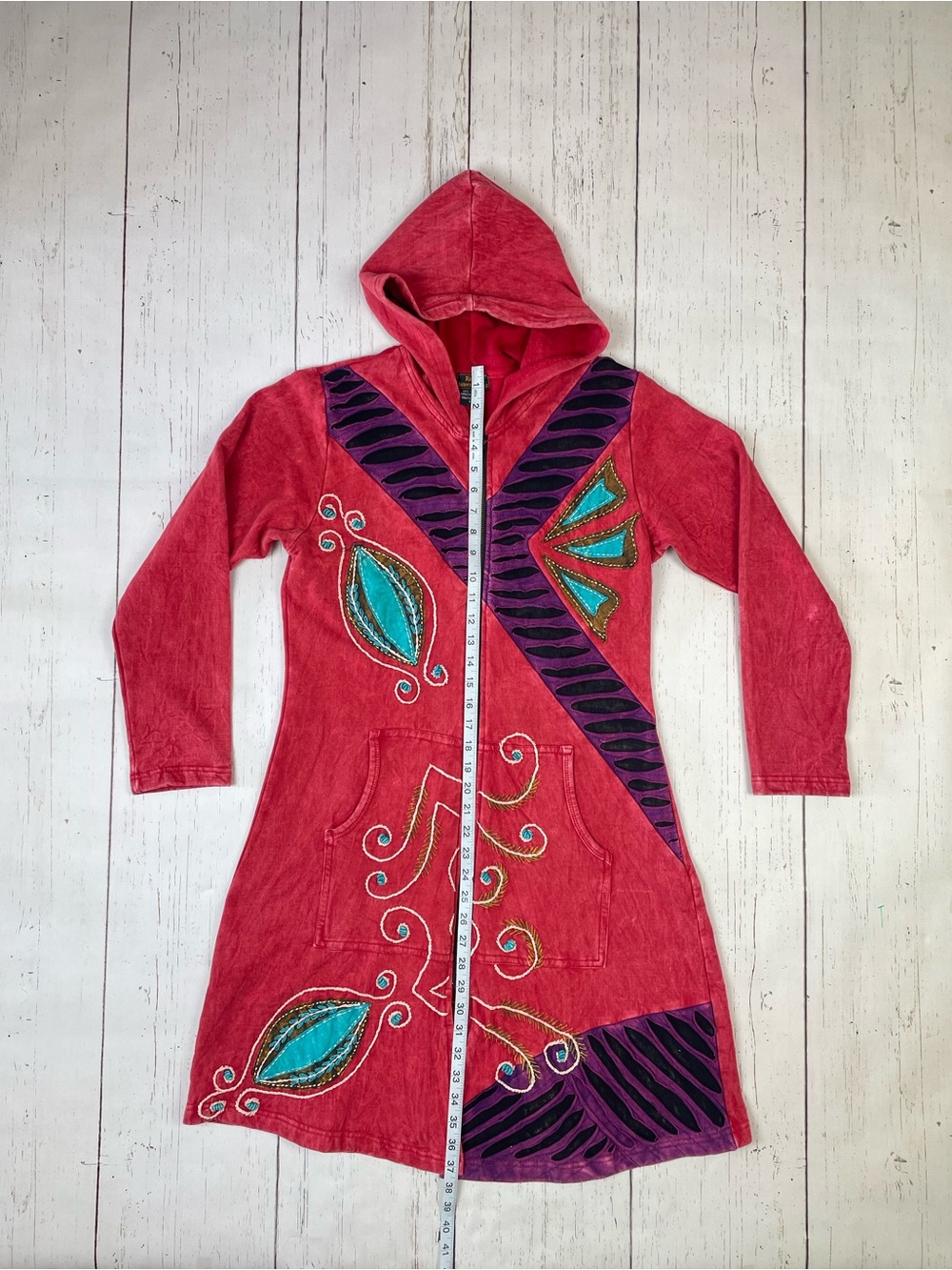 Rising International Patchwork Embroidered Long Zip Up Hoodie *Made in Nepal - Picture 2 of 16